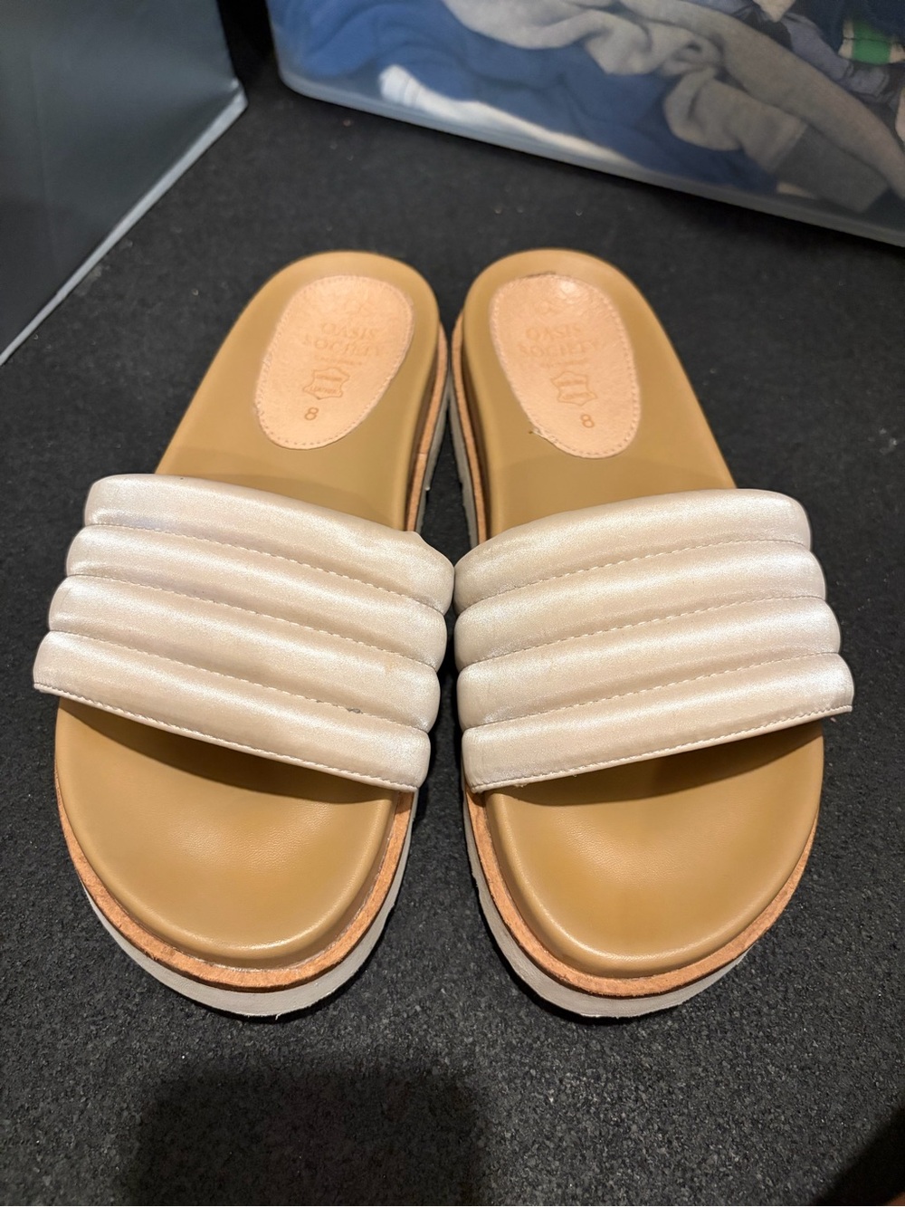 Society Tan Footbed Slide Sandals with Pearl Strap